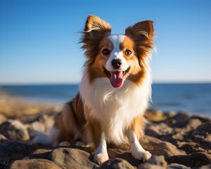 Fototapeta premium A fluffy golden puppy, sitting calmly in the warm sunlight, gazes sweetly into the camera. Its soft fur glows against the blurred nature backdrop, creating a serene scene.