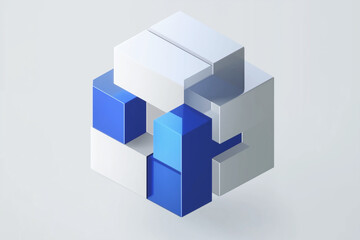 A blue and white logo featuring an abstract cube with rounded edges made up of smaller cubes in shades of gray, blue, and silver.
