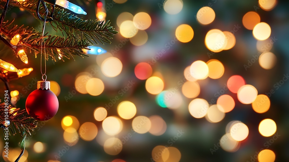 Poster stunning bokeh background with vibrant christmas tree and red ornament focus : generative ai