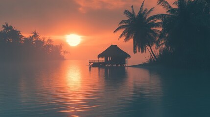 A small hut on stilts sits in the middle of a lagoon with palm trees and an orange sunset.