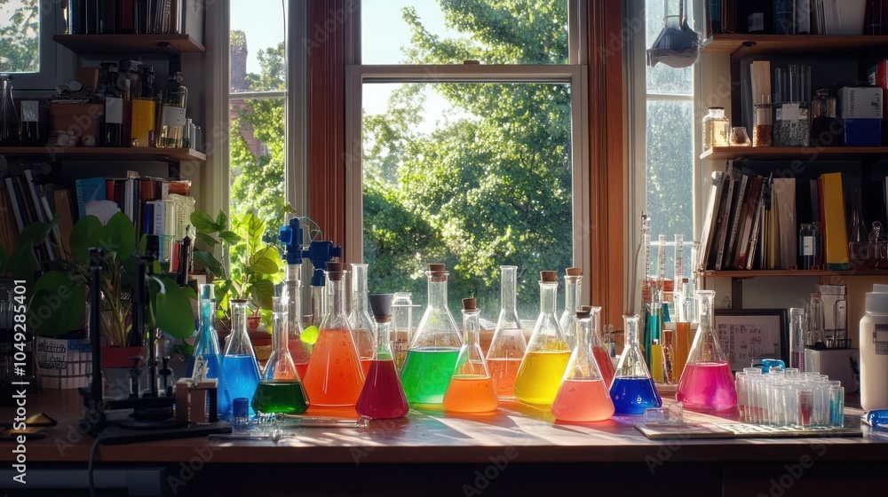 Poster a rainbow of colorful liquids in beakers sit on a wooden table in a laboratory with a window and gre
