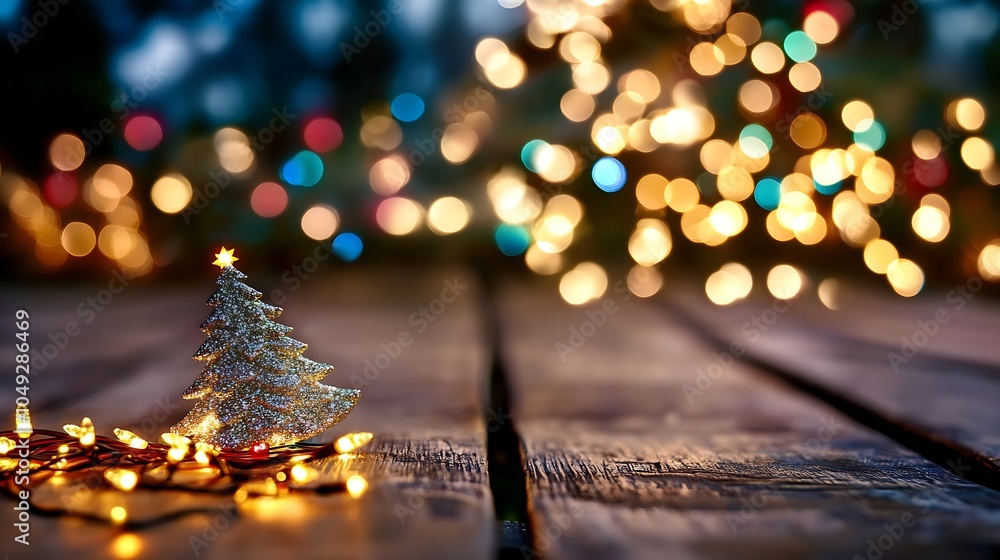 Poster small silver christmas tree with twinkling lights and colorful bokeh effect : generative ai