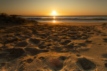 The rising sun casts a warm glow over the sandy shores of Port Stephens, Australia, highlighting the serene beauty of the morning.