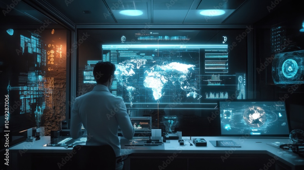 Poster a person analyzing data in a futuristic control room with holographic displays.