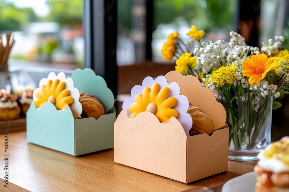 Aufkleber An abstract takeout box design using geometric shapes and soft pastel colors for a minimalist vibe