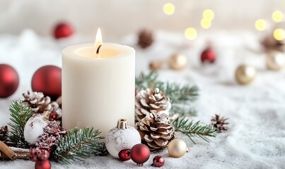 Elegant Christmas Decor with Candle Pinecones and Fir on Snow for a Cozy Winter Celebration : Generative AI