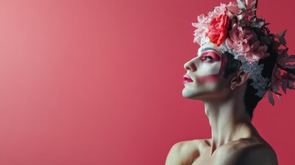 Obraz premium Young transgender with artistic makeup posing wearing flower crown