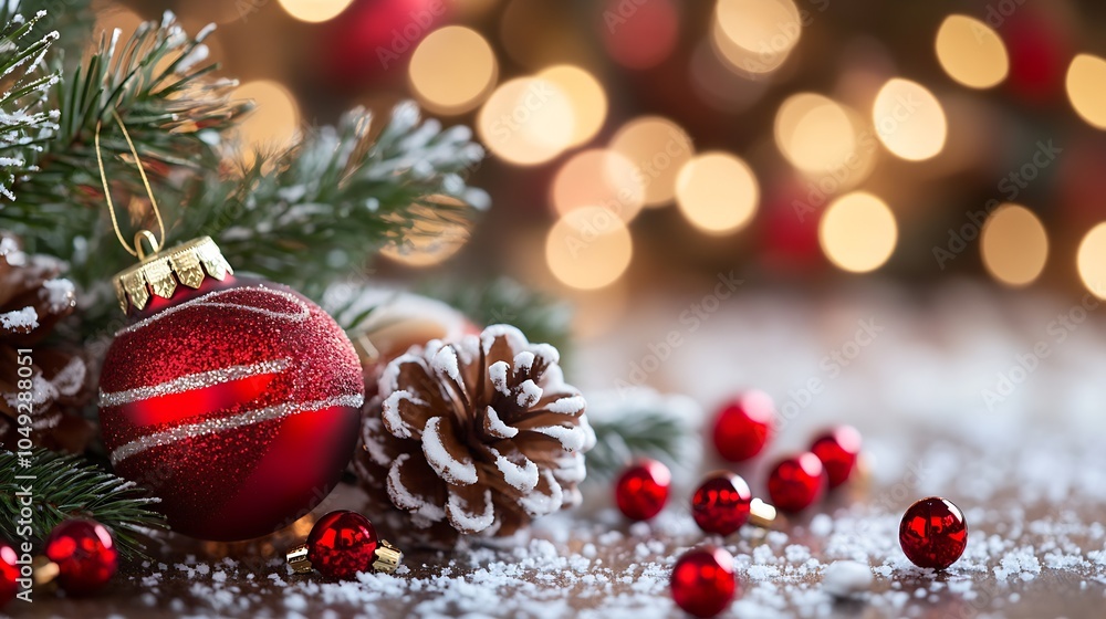 Poster festive christmas decorations with pinecones and red ornaments on snow with bokeh lights : generativ
