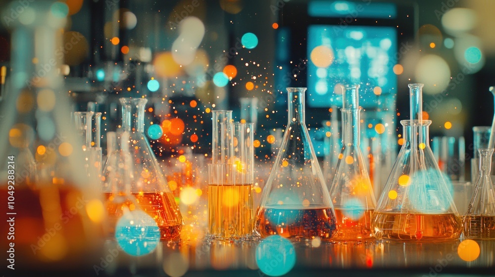 Poster a row of beakers filled with colorful liquids in a laboratory with a blurry background of bokeh ligh