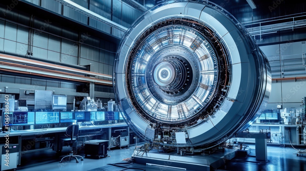 Poster large, circular, metallic structure in a laboratory with a central, glowing core and control console