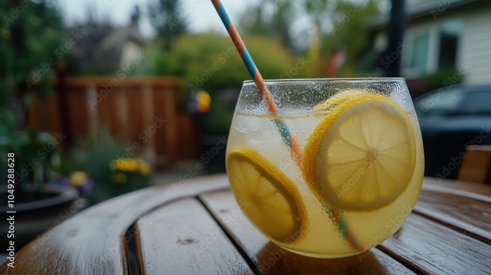 Poster refreshing lemonade with lemon slices in a glass with a straw on a wooden table in a backyard.