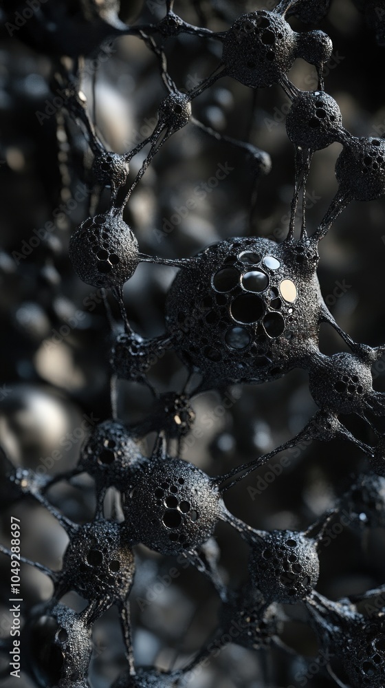 Poster a close-up view of intricate molecular structures in a dark, abstract setting.