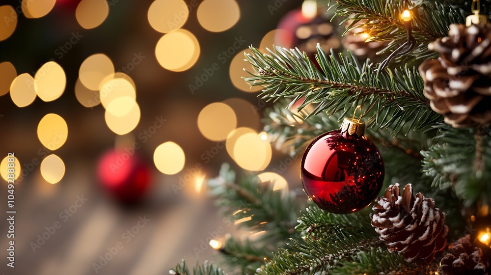 Poster Red and Gold Themed Christmas Tree with Pinecones and Sparkling Bokeh Lights Background : Generative AI