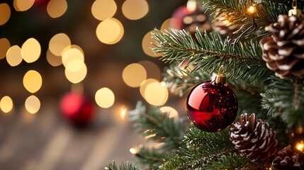 Obraz premium Red and Gold Themed Christmas Tree with Pinecones and Sparkling Bokeh Lights Background : Generative AI