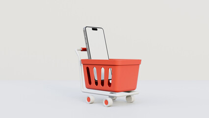 Mobile phone blank screen with red shopping cart on white background. Delivery and online shopping concept. Shopping cart with empty smartphone screen on a white background.
