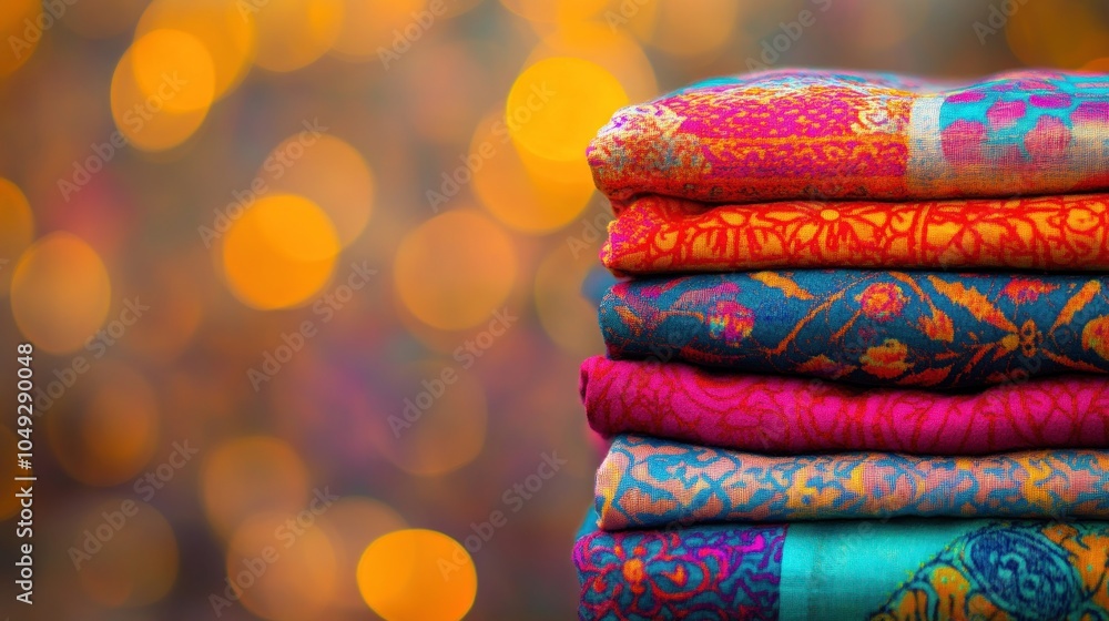 Poster A vibrant stack of intricately patterned fabrics with a blurred bokeh background.
