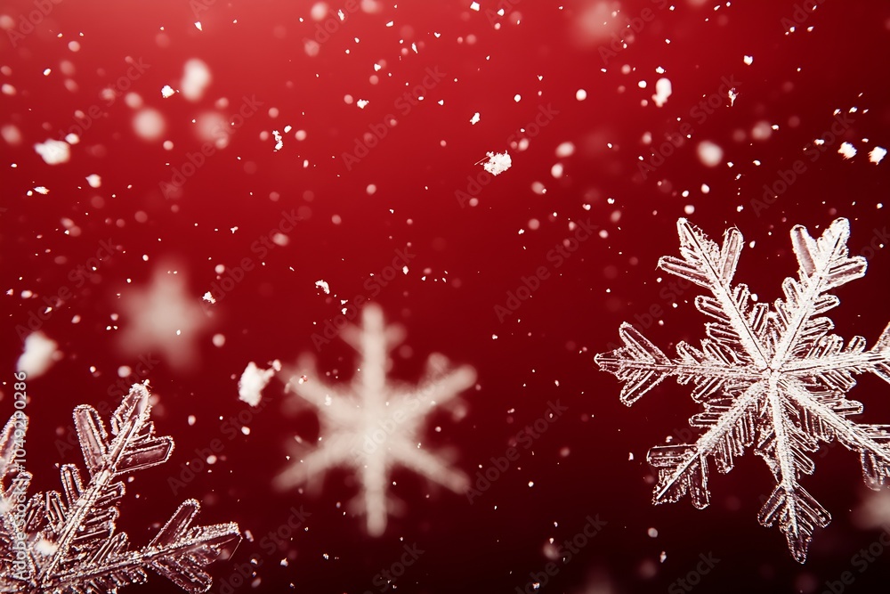 Poster beautiful white snowflakes falling on red background capturing the magic of winter holidays : genera