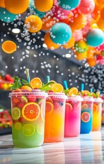 Naklejka premium Vibrant Bubble Tea with Fresh Fruit Garnish and Colorful Straws in Festive Setting : Generative AI