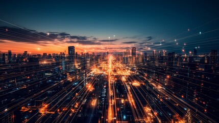 Fototapeta premium A vibrant neon-lit city filled with futuristic buildings, glowing data streams forming digital network. Ai generated