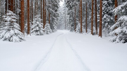 Snowy forest path in winter wonderland