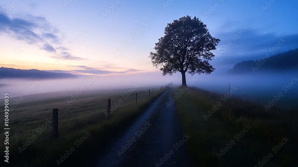 Poster solitary tree on foggy path at dusk in tranquil rural landscape : generative ai