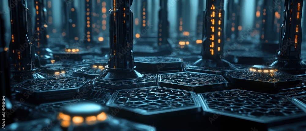 Poster a futuristic, illuminated hexagonal structure with towering pillars and a sci-fi ambiance.