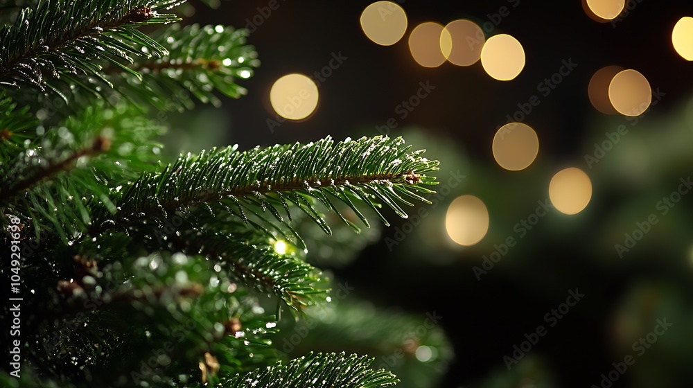 Aufkleber Closeup of Dewy Green Christmas Tree Branches with Illuminated Bokeh Lights in the Background : Generative AI