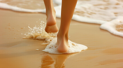 A woman runs on the warm beach in her sporty shoes, enjoying a vibrant summer holiday filled with energy and joy.