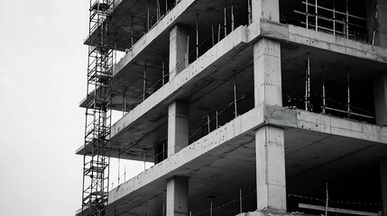 Black and white concrete building under construction with visible scaffolding : Generative AI