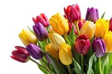 Tilted angle bouquet of yellow, red, and violet tulip on white background