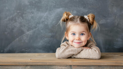 Fototapeta premium A cheerful preschool girl beams as she sits at a kindergarten table, enjoying her time with friends and fun activities.