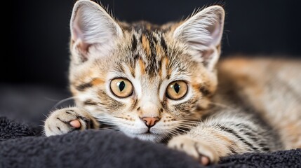 Obraz premium Adorable Tabby Kitten Resting on Soft Dark Blanket in Cozy Home Setting : Generative AI