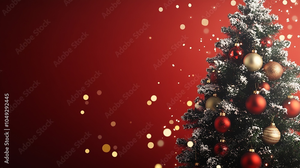 Poster luxurious christmas tree with gold ornaments on red background and bokeh sparkles : generative ai