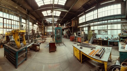 A Large Industrial Workshop Filled with Machinery, Tools, and Equipment