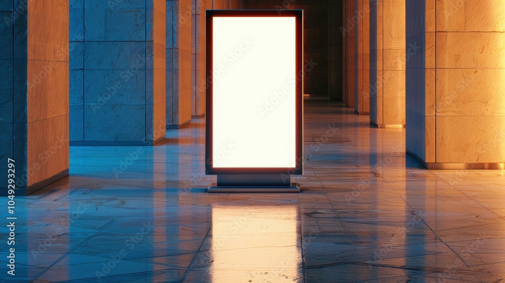 Poster modern vertical interactive kiosk featuring a sleek, blank screen for dynamic information signage an