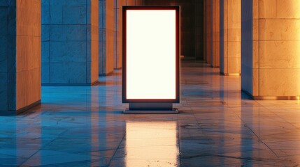 Modern vertical interactive kiosk featuring a sleek, blank screen for dynamic information signage and user engagement.
