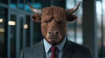 Serious businessman with bull head