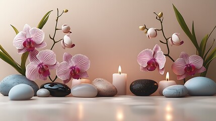 Elegant Zen Arrangement with Stones Pink Orchids and Candles for Tranquil Spa Settings : Generative AI