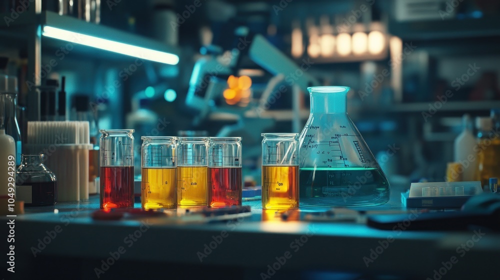 Poster a laboratory table with various beakers and flasks containing liquids.