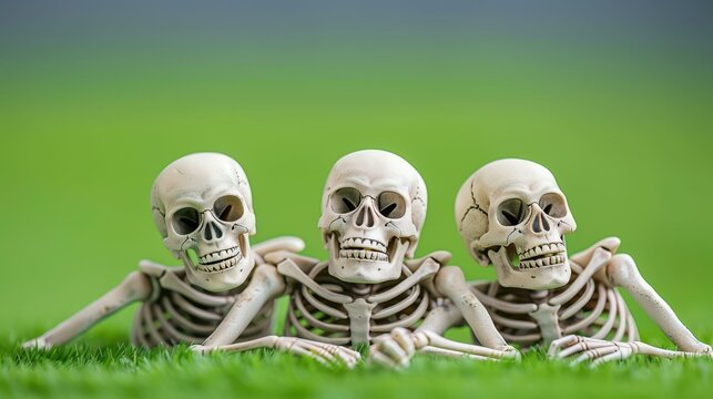 A humorous portrait of a skeleton family enjoying a day out, showcasing their playful bond under the sun.