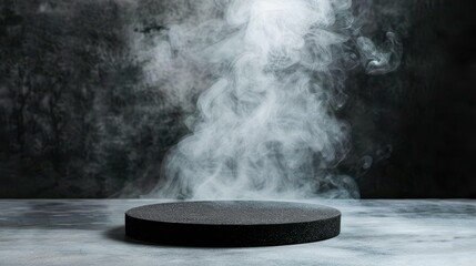 A sleek round black podium emerges from a smoky haze, perfect for showcasing products or creating captivating montages.