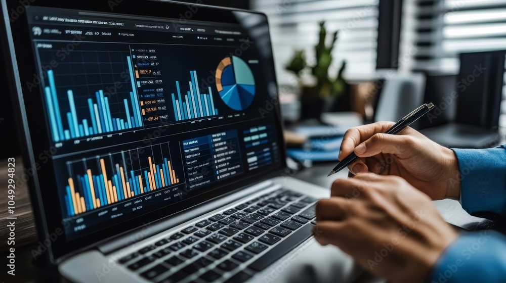 Aufkleber data presentation on laptop with graphs and charts