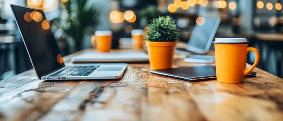 Casual Work Scene with Laptops and Coffee Cups