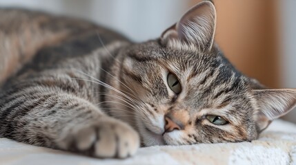 Sleepy Tabby Cat Lying on Bed with Soft Fur and Relaxed Expression in Cozy Home Setting : Generative AI