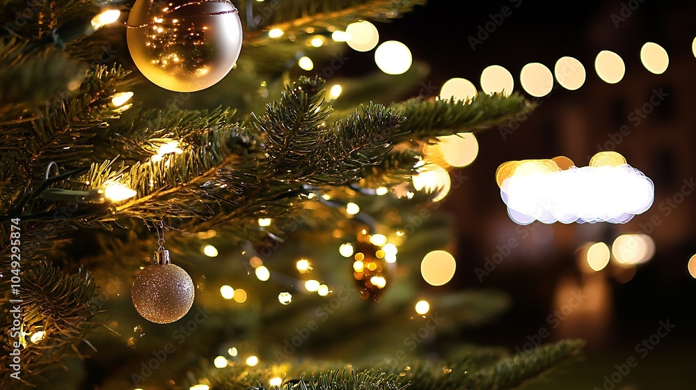 Poster glowing christmas tree with golden baubles in a nighttime festive setting for holiday cheer : genera