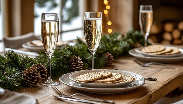 Christmas Dinner Table Setting with Pinecones and Champagne in a Cozy Log Cabin : Generative AI