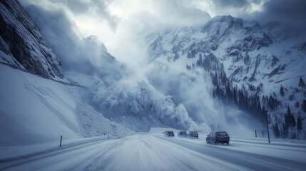 Avalanche burying roads, cars, thick snow clouds, chaotic movement. AI generated