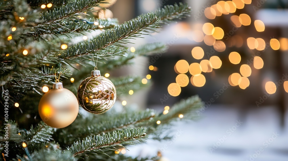 Poster Golden and White Ornaments on Christmas Tree with Soft Glow : Generative AI