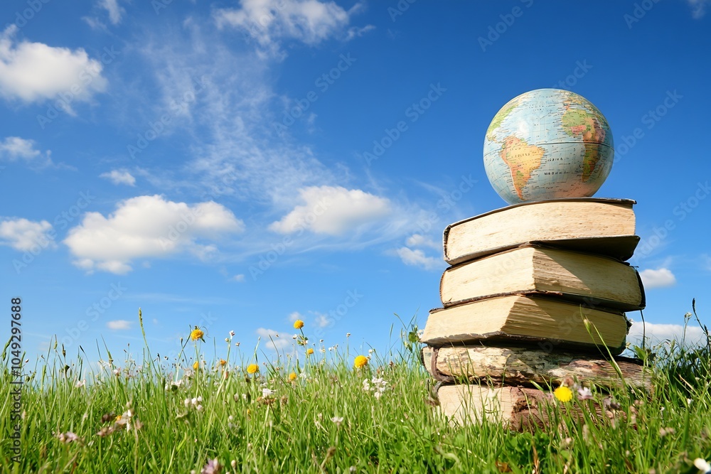 Poster Globe atop a stack of books in a sunny green field symbolizing global education and learning : Generative AI