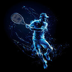 A dynamic representation of a tennis player captured in an abstract, blue-themed design with splashes.